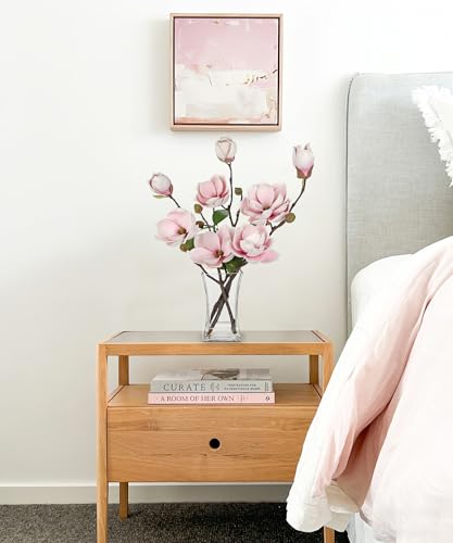Briful Artificial Magnolia Flower Arrangement with Glass Vase, 18.5in Pink Faux Magnolia Flowers Fake Floral Centerpiece for Eleglant Home Office Room Table Shelf Décor - color: Pale Pink