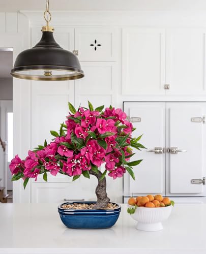 Briful Artificial Bougainvillea Bonsai Tree 18.5" Silk Bougainvillea Plant with Blue Pot Fake Bougainvillea Floral Tree for Home Office Room Desk Shelf Zen Décor(Hot Pink) - color: Pink Blue