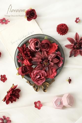 Floroom Mini Artificial Flower Heads Burgundy & Red Fake Peony Daisy Rose Multicolor Small Faux Silk Flower Heads for Cake Craft Garland Wedding Party Graduation Cap DIY Home Decoration, 0.8"-3.6" - color: Vintage Burgundy