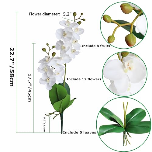 2 Branches Artificial White Phaleanopsis Flowers Faux Orchids Stems Leaves Plants for Home Bonsai Garden Decoration (White)