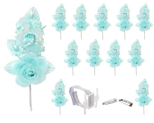 Set of 12 Artificial Silk Organza Craft Rose Flower, 12 Corsage Wristlet, 12 Pin Back DIY Boutonnieres for Wedding, Bridesmaids, Groomsmen, Quinceanera, Prom, Sweet 16 (Aqua) - color: Aqua
