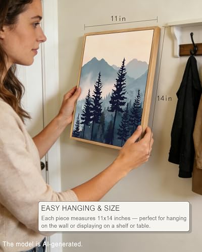 PHOPAGO Blue Fog Pine Tree Mountain Landscape Framed Wall Art Retro Watercolor Nature Misty Forest Artwork Paints Sun Rise Rustic Farmhouse Home Decor - 11x14in Natural Framed - color: Blue Mountain, size: 14L" x 11W" x 3 Pcs Natural