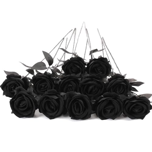 12Pcs Black Roses Artificial Flowers Fake Rose Faux Velvet Silk Flowers for Home Wedding Decoration (Pearl Roses, Pure Black) - color: Pearl Roses - Black Pure 12p