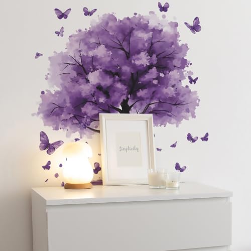 Purple Tree Wall Decals Removable Purple Butterfly Wall Stickers Peel and Stick Vinyl Plant Wall Decor Waterproof for Bedroom Living Room Bathroom Decorations - style: Purple Tree