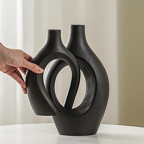 Levvohd XL Black Ceramic Vase Set of 2 for Modern Home Decor, Neutral Boho Round Donut Pampas Grass Vases, Nordic Aesthetic Vase, for Living Room Coffee Table Fire Place Book Style Shelf (H 11.1") - color: Black - Xl Round