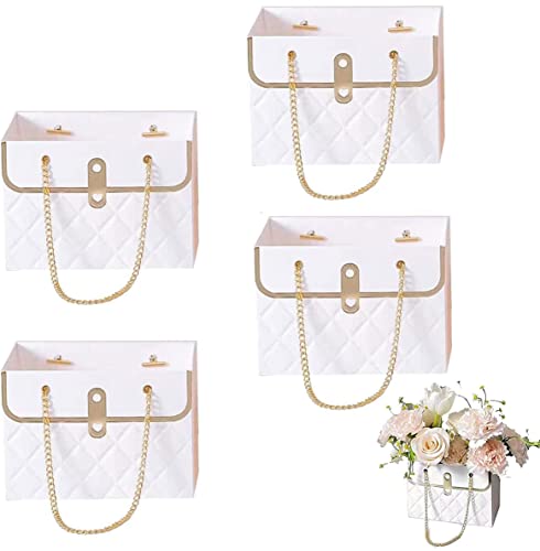 NADUSEP 4 PCS Flower Paper Gift Box, Bouquet Storage Bucket Florist Handbag with Metal Chain Floral Bouquet Wrapping Basket, Gift Wrap Bags for Wedding, Birthday, Celebrating, Valentine's Day, Mother's Day, Bridal Shower, Anniversary, Thanksgiving, Christ