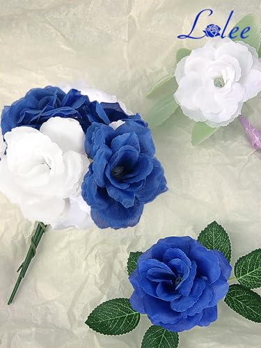 108pcs Roses Head Flowers with Stem - Blue & White Artificial Flowers Rose Bulk - Silk Royal Blue Rose Fake Flower for Wedding Bouquet Party Home Decor DIY Baby Shower Centerpieces Tables Decoration - color: Blue-white