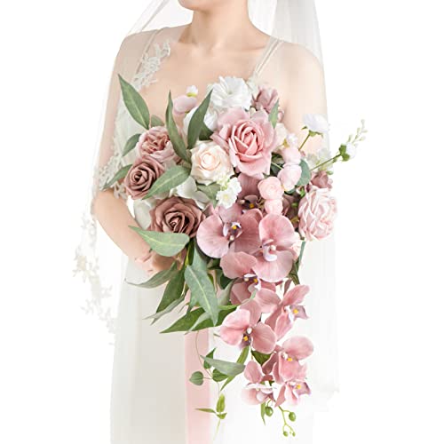 Ling's moment Dusty Rose Bridal Bouquet Cascading, Pink Wedding Bouquets for Bride, 15 Inch Bride Bouquet Orchids Artificial Wedding Flower Bouquet - color: Pk-exquisite Dusty Rose & Cream, size: Medium 15 Inch
