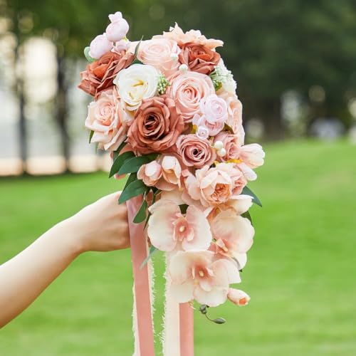 9.1Inch Peach Pink Cascading Bridal Bouquet for Bride Artificial Pink Rose Cascade Bridal Flower Bride Wedding Bouquet Peach Pink - color: Peach Pink