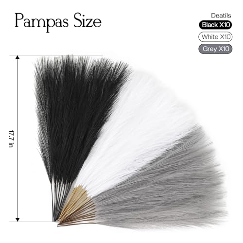 Ureymx Faux Pampas Grass Decor 17.7 Inch 30pcs, Artificial Pampas Grass Fluffy Home Decor, Short Vase Room Decor pompous Grass Flower Arrangement for Boho Home Wedding Decoration (Black,White,Grey) - color: Black,white,grey, size: 17 Inch 30 Pcs