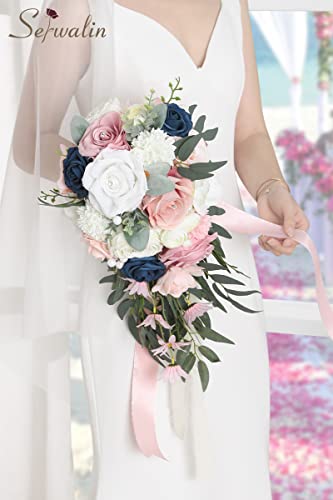 Serwalin 9.8 Inch Wedding Bouquets for Bride Bridesmaid, Pink Blue Rose Bridal Bouquets for Bride, Wedding Flowers Bouquet Tossing Bouquet, Wedding Ceremony and Anniversary Day Decor - color: Pink Blue