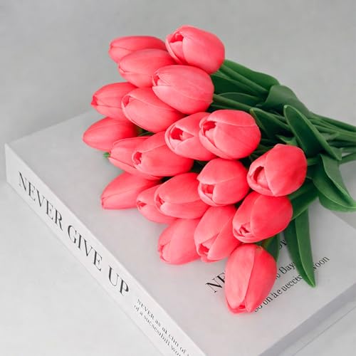 20 Pcs Tulips Artificial Flowers, 13.5'' Real Touch PU Fake Flowers Bouquet for Home Party, Spring Wedding Floral Arrangement, Valentine's, Easter and Mother's Day Decor (Coral) - color: Coral