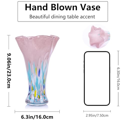 9.0" H Blush Glass Vases for Flowers, Unique Hand Blown Glass Vase Blush Home Decor, Wide Mouth Colorful Flower Vase Centerpieces, for Living Room Table Bookshelf, Bathroom Office Shelf Decorative - color: Blush