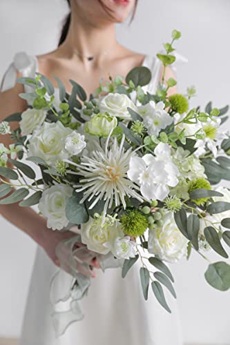 White Artificial Flower Box Set Silk Fake Flowers for DIY Centerpieces Cake Decorations, Wedding Bouquets, Boutonnieres, Home Decor (White Green) - color: White Green