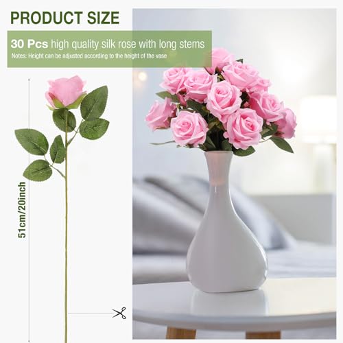 Thiccywoov 30 Pcs Rose Artificial Flowers in Bulk Lifelike Long Stem Silk Roses Bouquets Realistic Faux Flowers for Wedding Bridal Shower Home Decor Floral Arrangements Table Centerpiece(Pink) - color: Pink