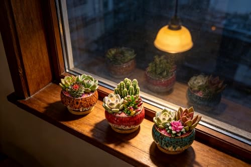 Cute Ceramic Succulent Garden Pots, Planter with Drainage and Attached Saucer, Set of 5 -Plants Not Included (Round+White Border) - color: Round+white Border