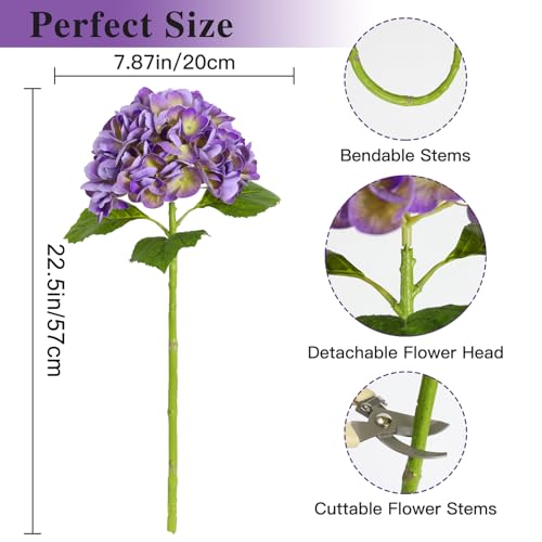 Nubry 4Pcs Purple Hydrangea Artificial Flowers, 22.5In Latex Faux Real Touch Large Hydrangea Flowers with Long Stems & Leaves for Home Office Decor Wedding Party Arrangements(Purple) - color: Purple, size: 4 Pcs