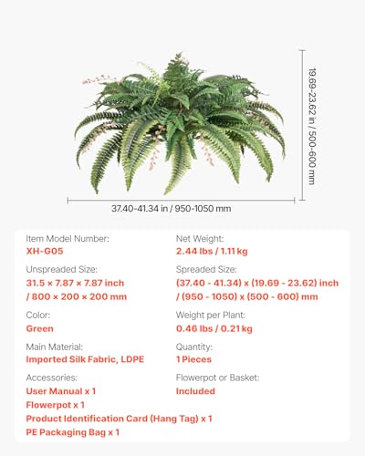 VEVOR Artificial Ferns, Natural Spread Diameter 41 Inch, Large Hanging Fake Boston Ferns, Sunlight Resistant Fake Plant Wall Decor with 80 Branches and Flowerpot, Faux Fern for Home Office Outdoor - size: 42 inch（80 Branches）