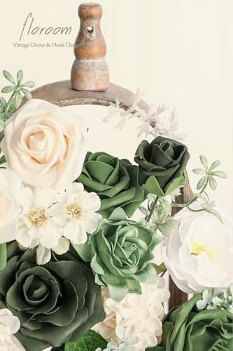 Floroom Olive Green Artificial Flowers Forest Green Fake Roses Peonies Dahlia Greenery Combo Box Set for DIY Wedding Bouquets Bridal Shower Centerpieces Floral Arrangement Party Tables Home Decoration - color: Garden Green