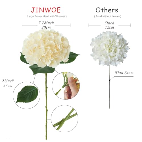 JINWOE Boho Silk Hydrangea Artificial Flowers, 4Pcs 22" Large Lifelike Flowers,Artificial Hydrangeas for Indoor Bouquet Table Centerpieces Home（Cream/Yellow） - color: Cream