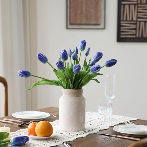 mizii 15Pcs Blue Tulips Artificial Flowers Latex Plastic Real Touch Fake Tulips Flowers Look Real Faux Tulip Flower Bouquet Decoration for Vase Room Table Centerpieces Home Decor (Blue) - color: Blue