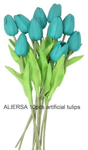 Artificial Flowers 10 Heads Mini Real Touch Artificial Tulip for Home Wedding Party Centerpiece Decoration (Dark Teal) - color: Dark Teal