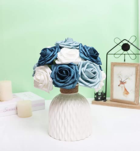 Artificial Flowers 50PCS Real Looking White & Dusty Blue Shades Fake Roses with Stem for DIY Wedding Bouquets Centerpieces Baby Shower Party Home Decoration - color: White & Dusty Blue Shades, size: 3"/50pcs