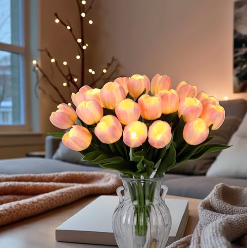 HOMESEASONS 20 Stems LED Lighted Artificial Flowers Tulip Lamp Real Touch Tulips Faux Flower Lights for Valentine's Day and Easter Home Kitchen Wedding Dining Table Decor(Pink) - color: Pink