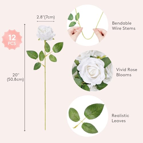 Lifewit Classic White Artificial Roses Flowers, Faux Long Stem Silk Roses Bulky for DIY Wedding Bouquets Decoration, Centerpieces Arrangements, Velentine,12 Pcs - color: White