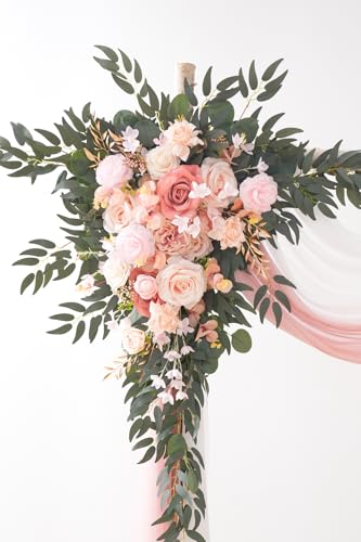 Deluxe Wedding Arch Flowers with Drapes Kit Pack of 4, 2pcs Dusty Pink Sage Hanging Silk Flowers Arrangement 2pcs Chiffon Drapes for Ceremony Arbor Party Outdoor Decor - color: Dusty Pink & Pink