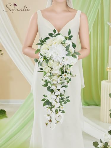 Serwalin 11Inch Bridal Bouquet White Green Wedding Bouquets for Bride Bridesmaid Artificial Wedding Flowers for Wedding Ceremony Anniversary - color: White