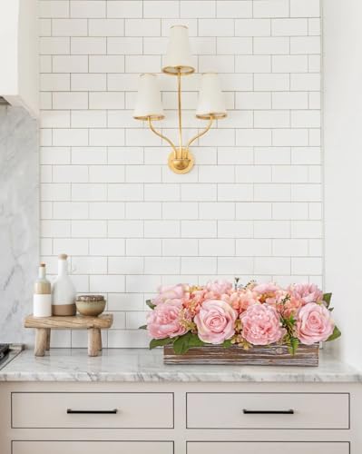 Flower Arrangement with Wooden Vase 14" Artificial Flowers in Pot - Fake Flowers Roses Peonies Hydrangeas in Wooden Vase Potted Artificial Flower Centerpieces for Table Decor Living Room - Dusty Pink - color: 14"l Dusty Pink