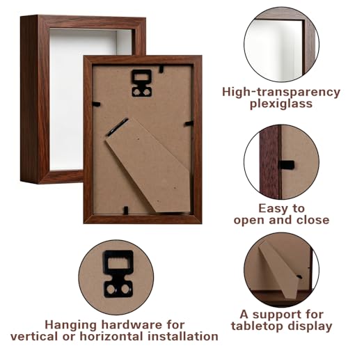 4x6 Shadow Box -2Pack Walnut Color Wooden Deep Picture Frame with Shatter-Resistant Panel for Wall Decor | 3D Display Case for Flowers, Photos and Crafts | Easy to Open & Ready to Hang Gift Idea - color: Walnut Color, size: 2Pcs 4x6in