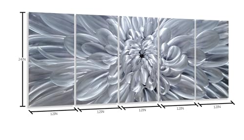 YHSKY ARTS Silver Floral Metal Wall Art - Hand Crafted 5 Piece Aluminum Sculpture Set for Living Room and Bedroom Decor - color: Silver Flower Art, size: 64x24IN