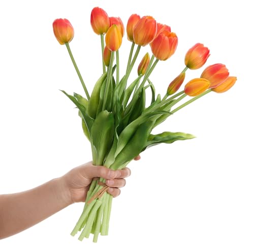 15 Pcs Orange Tulips Artificial Flowers Faux Tulips Real Touch Latex Fake Flower Bouquet for Spring Wedding Home Décor Centerpiece Arrangements - color: Orange
