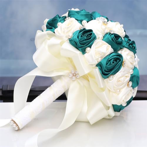 MaxxCloud 9.4‘’ Handmade Romantic Toss Bouquet for Bride Stunning Bridesmaid Brooch Wedding Bouquet with Jewelry Petals Dark Green and Ivory - color: Dark Green+ivory, size: 9.4''/24cm