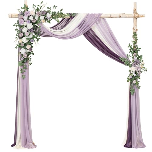 Ling's moment Wedding Arch Flowers with Drapes Kit-Pack of 5, 2pcs Flower Arrangements 3pcs Sheer Hanging Drapes White Ceremony Arbor Backdrop Artificial Rose Floral Decorations, Lilac & Purple - color: Prpl-lilac & Sage Purple