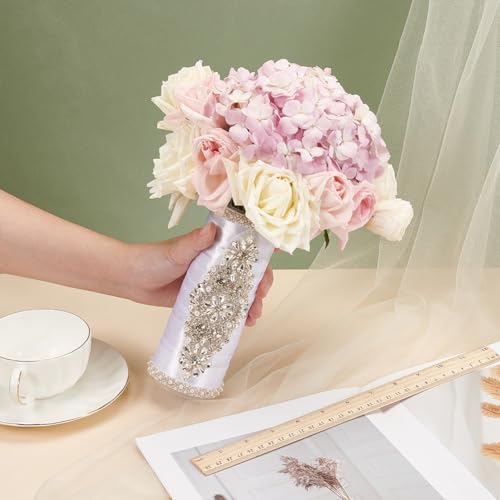 BENECREAT Bouquet Holder, 2 Inch Champagne Royal Satin Wedding Bridal Bouquet Handle Set with Rhinestones, Fresh Flower Artificial Flower Bouquet Holder, Cylinder Bouquet Decor