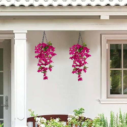 Artificial Hanging Flowers Bougainvillea, 2PCS UV Resistant Bougainvillea Silk Vine Flowers Fake Triangle Plum Blooming Faux Flower for Garden Porch Eave Wedding Wall Indoor Outdoor Decor (Rose Red) - color: Rose Red