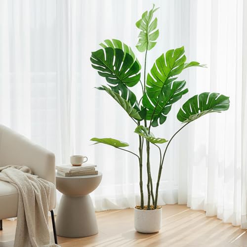 4FT Artificial Monstera Deliciosa Plant in White Planter Pot, Faux Split Leaf Philodendron Tree, Realistic Indoor Outdoor House Plants Swiss Cheese Floor Tree for Living Room Home Office Decor