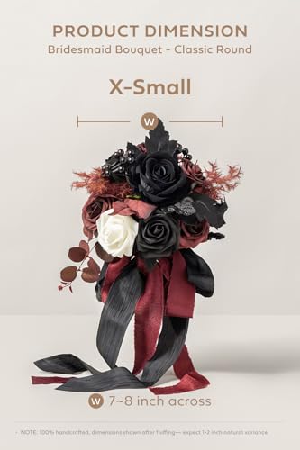 Ling's moment Black Artificial Wedding Flower Bouquets for Bridesmaids Burgundy Floral Bouquet Mashala Bridesmaid Bouquets with Ribbon Ceremony Anniversary,7-inch Diameter - color: Red-burgundy Red & Black