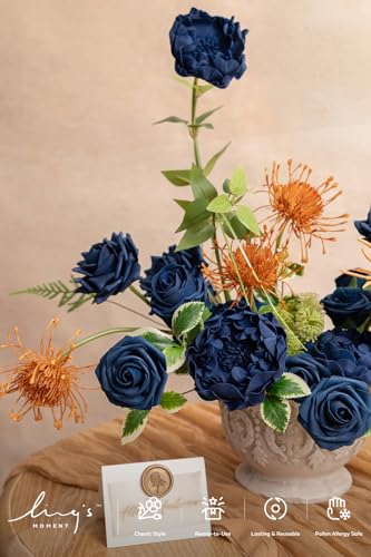 Ling's moment Artificial Flowers Fake Roses Faux Foam Peony Combo for DIY Wedding Bouquets Centerpieces Arrangements Bridal Shower Party Home Decorations, Navy Blue, 24pcs - color: Blu-navy Blue