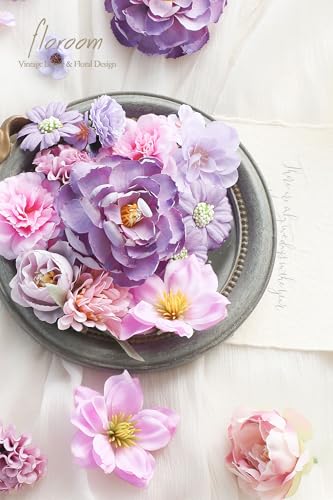 Floroom Mini Artificial Flower Heads Lavender & Purple Fake Peony Daisy Rose Multicolor Small Faux Silk Flower Heads for Cake Craft Garland Wedding Party Graduation Cap DIY Home Decoration, 0.8"-3.6" - color: Elysian Lavender & Violet