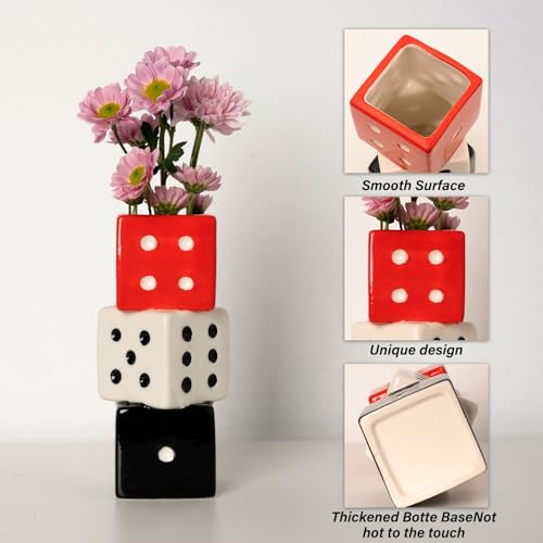 MOUGIGI Funky Dice Vase - Unique Ceramic Home Decor for Bars| Stylish Black, White & Red Geometric Design | Perfect for Fresh, Dried, or Artificial Flower Arrangements | Ideal Gift for Art Lovers - color: Red, White and Black Dice Vase