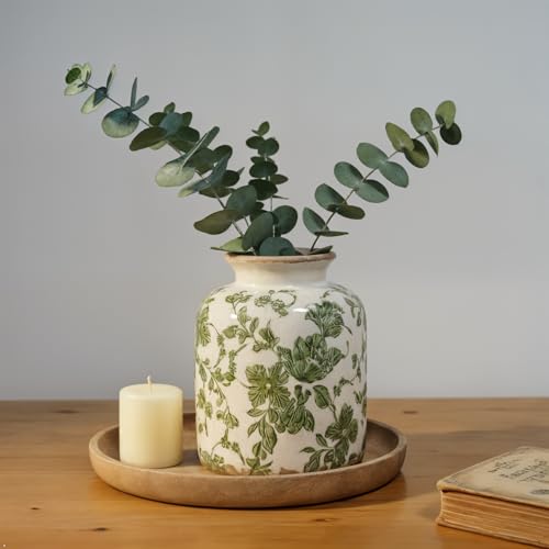Vintage Green Crackle Glaze Ceramic Flower Vase, 6” Small Rustic Pottery Decorative Botanical Vase with Distressed Beige Rim French Country Farmhouse Cottage Tabletop & Mantel Home Decor - size: Small Vintage Round Floral Vase