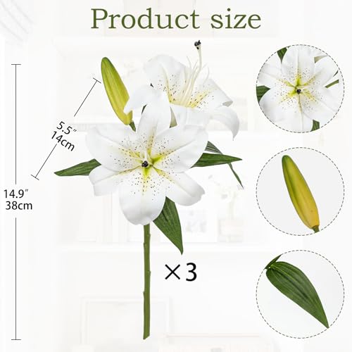 Oairse Artificial Tiger Lily Silk Flowers - 3 Pcs Faux Lily Flower 14.9" Fake Lilies Bouquets Faux Stargazer Lilies Stem with 6 Heads & 3 Buds for Indoor Outdoor Home Table Wedding Decor (White) - color: White