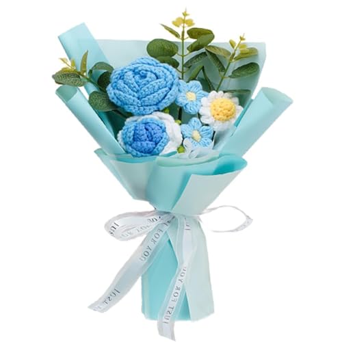 Crochet Flowers Rose Artificial Flower, Handmade Crochet Flowers Bouquet,Crochet Knitted Flowers Gifts for Mom Lover Friend Home Decor,for Girlfriend Mothers Day Birthday Home Decor (Blue) - color: Blue