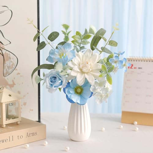 Small 11.8" Artificial Flowers in Ceramic Vase - Blue Silk Flower Centerpiece for Dining Table, Office, Wedding & Farmhouse, Home Decor Gifts - color: Blue