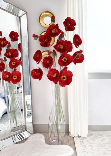 6PCS 41.3in Fake Poppy Flowers Red Artificial Poppies Large Poppy Flowers Long Stem Silk Flowers for Tall Vase Wedding Party Office Decor(Red) - color: Red