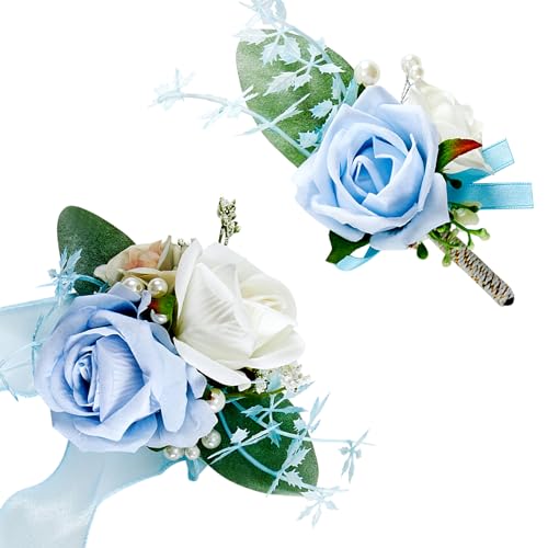 SITUMEIZI 2Pcs Blue Corsage and Boutonniere Set Wrist Corsage Bracelets and Boutonniere for Men Wedding Prom Party Suit Decor - color: Light-blue